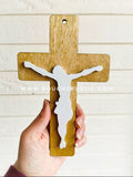 8 inch wall crucifix, light brown