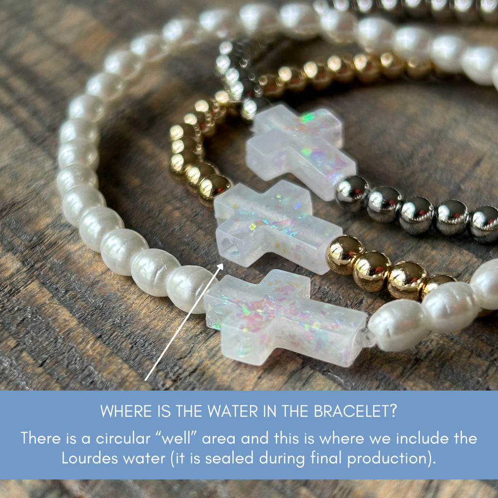 Holy Water Stretch Cross Bracelet (gold beads)