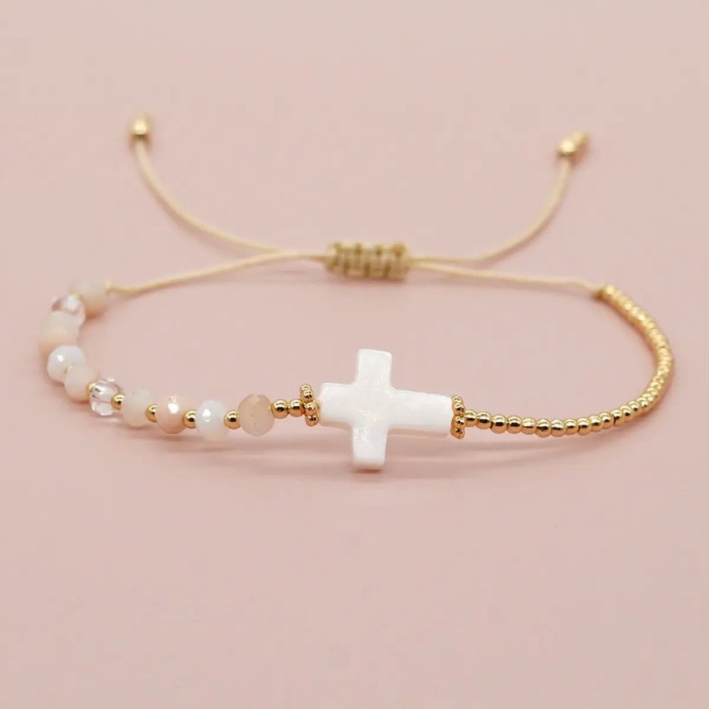 Dainty adjustable beaded cross bracelet