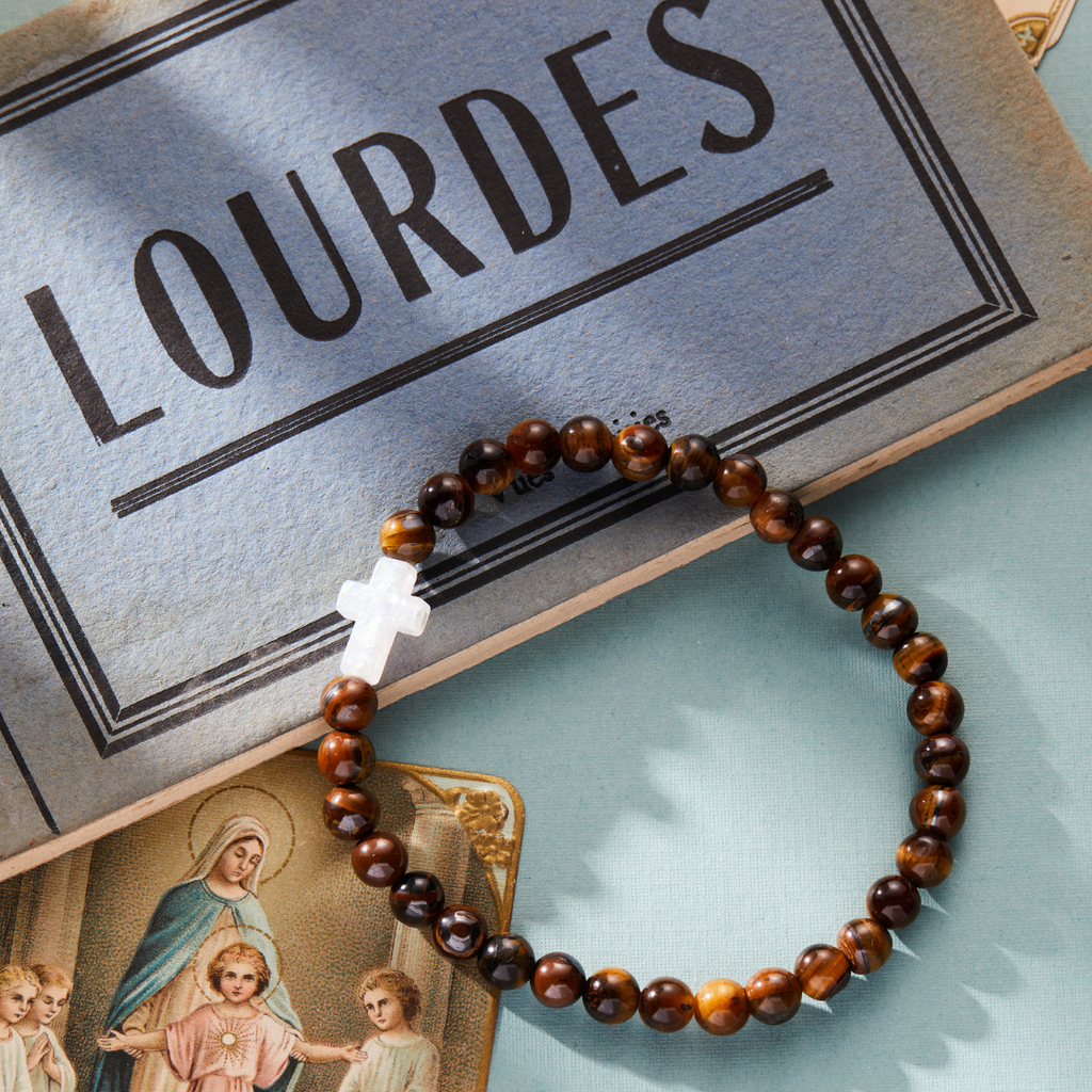 Holy Water Men's Cross Bracelet in Tigers Eye stone