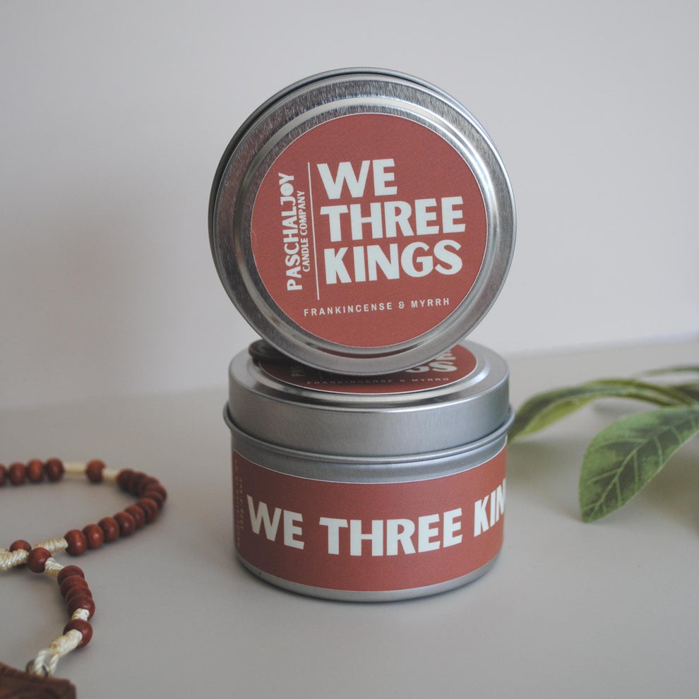 Paschal Joy "We Three Kings" frankincense & myrrh coconut wax candle. 4 oz tin.