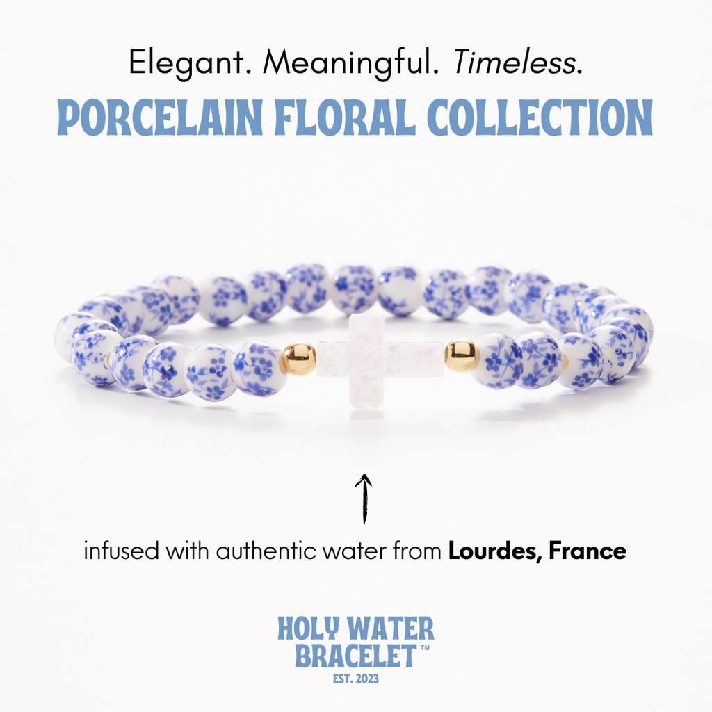 Holy Water porcelain floral cross bracelet (gold beads)