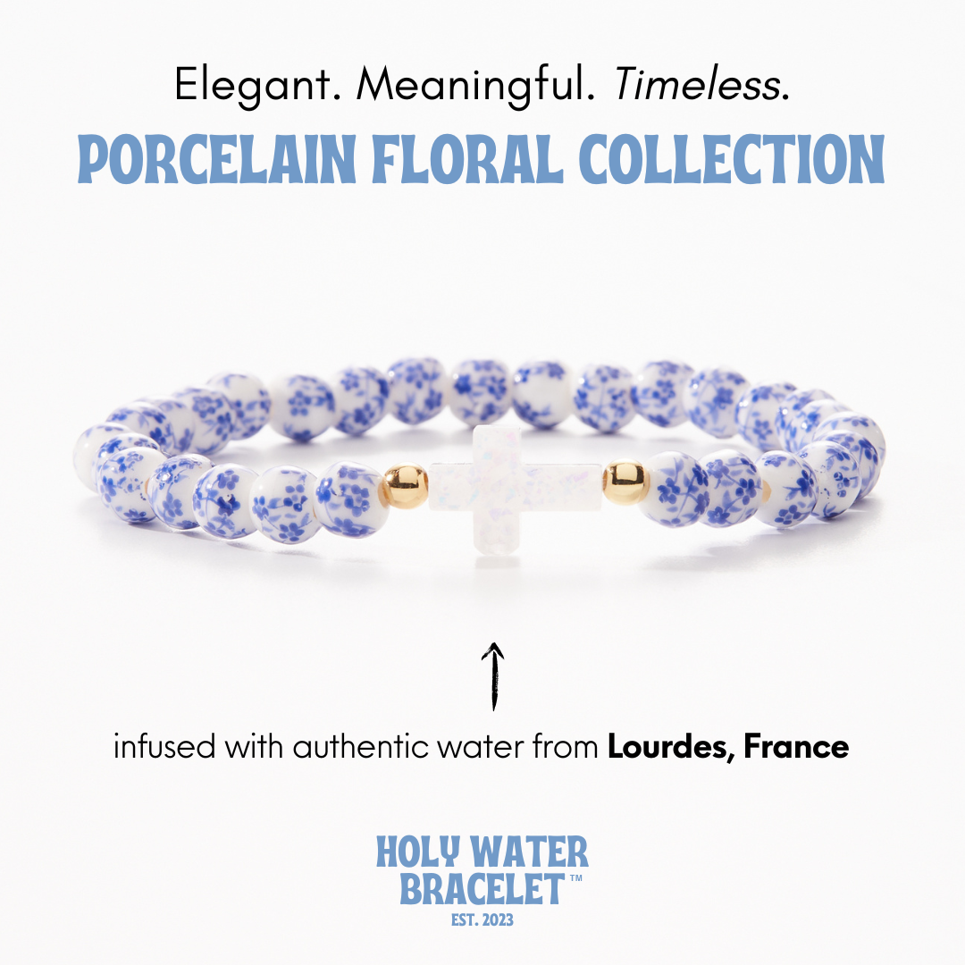 Holy Water porcelain floral cross bracelet (gold beads)