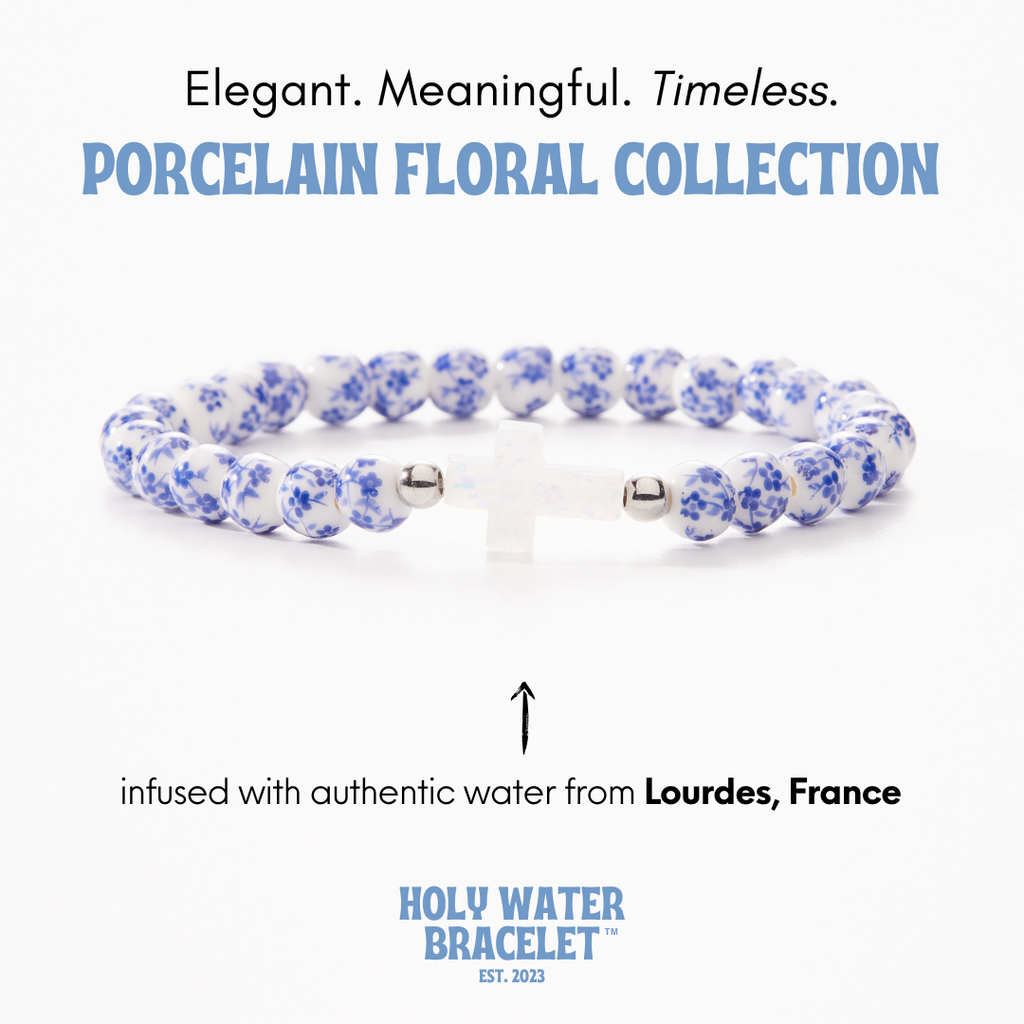 Holy Water porcelain floral bracelet (silver beads)