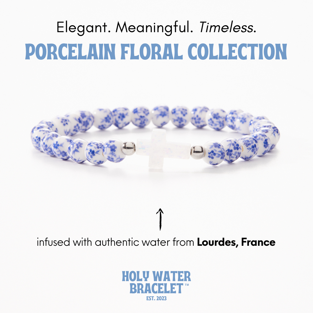 Holy Water porcelain floral bracelet (silver beads)