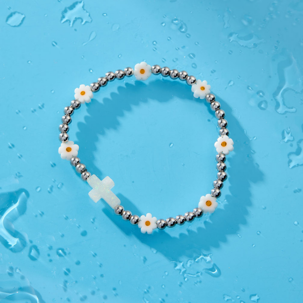 Holy Water Daisy Cross Bracelet (Stainless Steel)