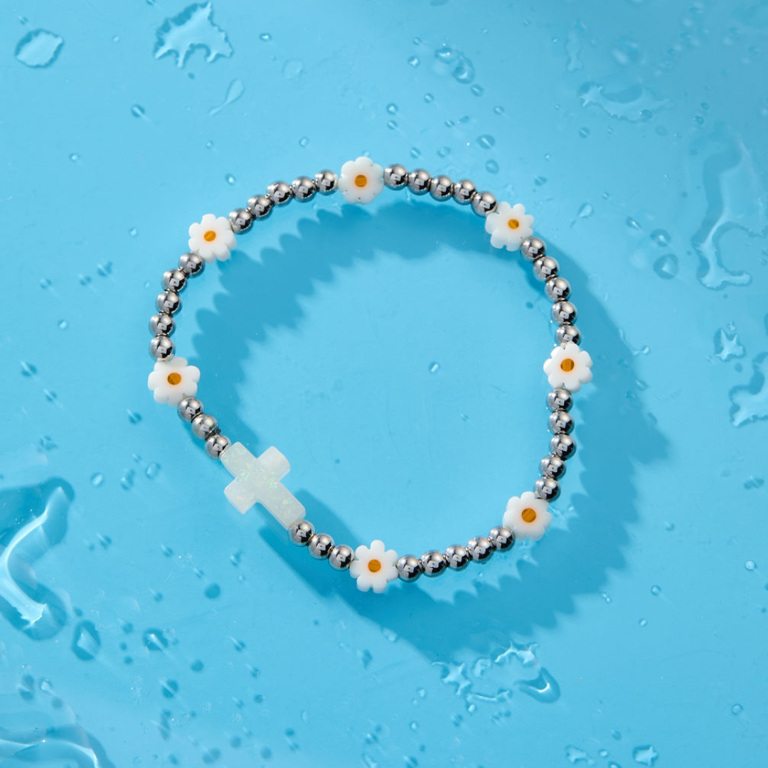 Holy Water Daisy Cross Bracelet (Stainless Steel)